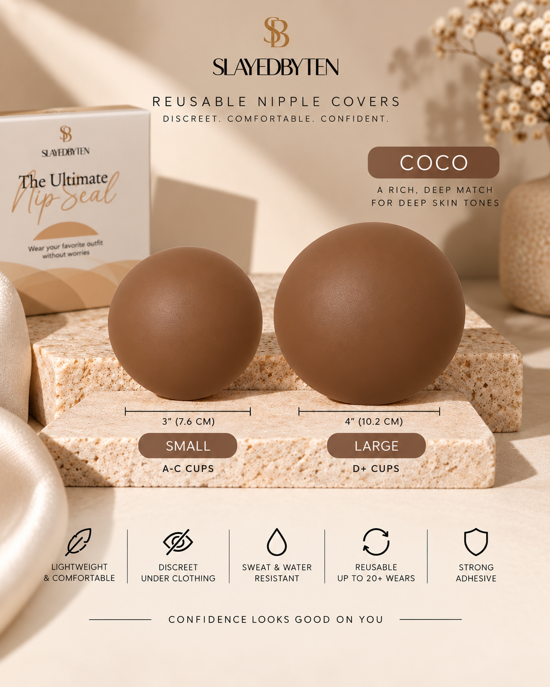 Slaved by Ten reusable nipple covers shown as two matte brown silicone covers labeled Small and Large, displayed on a stone block with product packaging and feature callouts on a warm beige background.