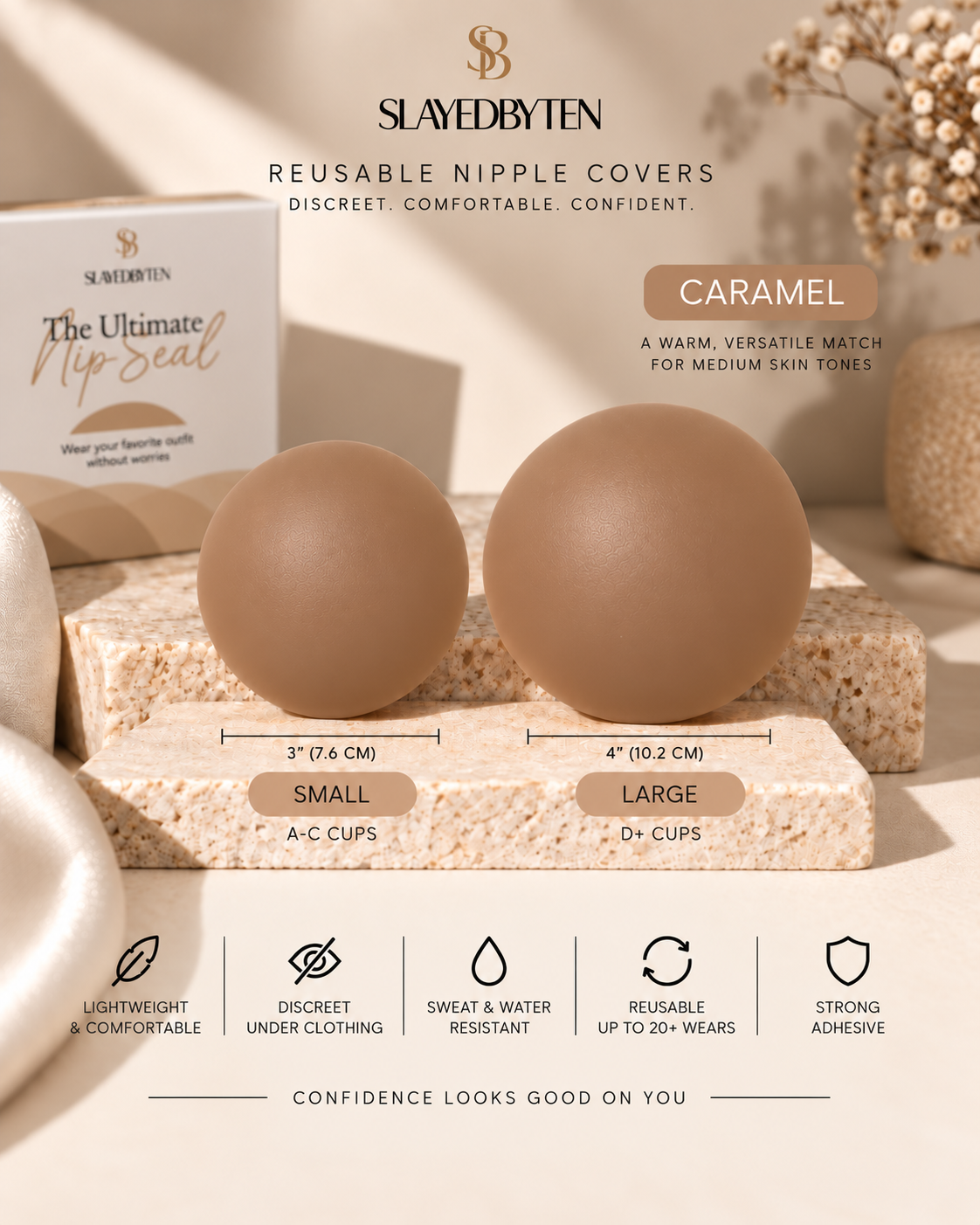 Slaved by Ten reusable nipple covers in caramel color, shown as two smooth silicone discs on a textured stone block with size labels Small (3 x 7.6 cm) and Large (4 x 10.
