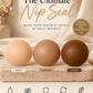 Slavedyten 'The Ultimate Nip Seal' advertisement showing three silicone nipple seal stickers in shades of nude, caramel, and coco on a stone slab, with product features and icons displayed below.