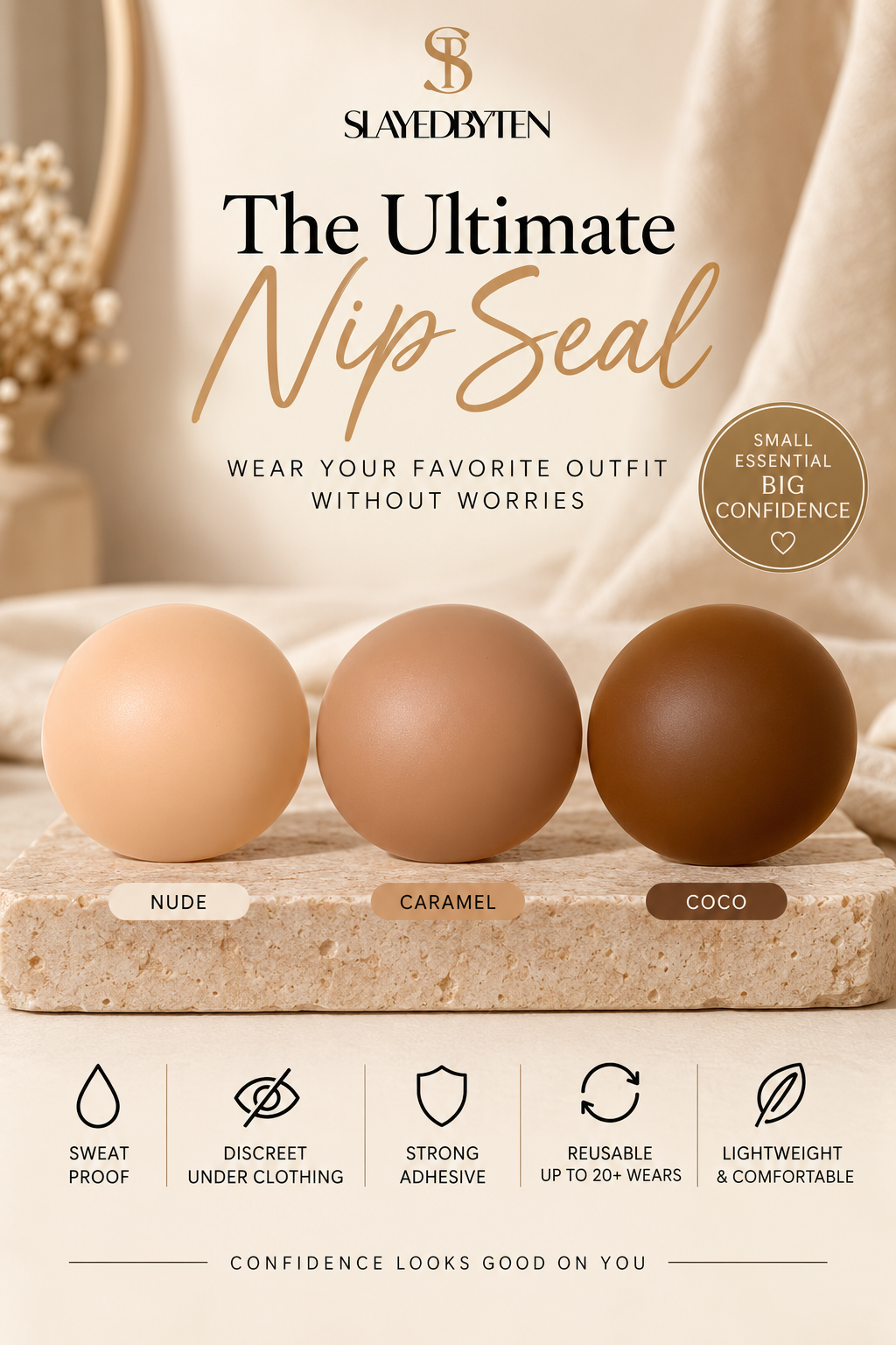 Slavedyten 'The Ultimate Nip Seal' advertisement showing three silicone nipple seal stickers in shades of nude, caramel, and coco on a stone slab, with product features and icons displayed below.