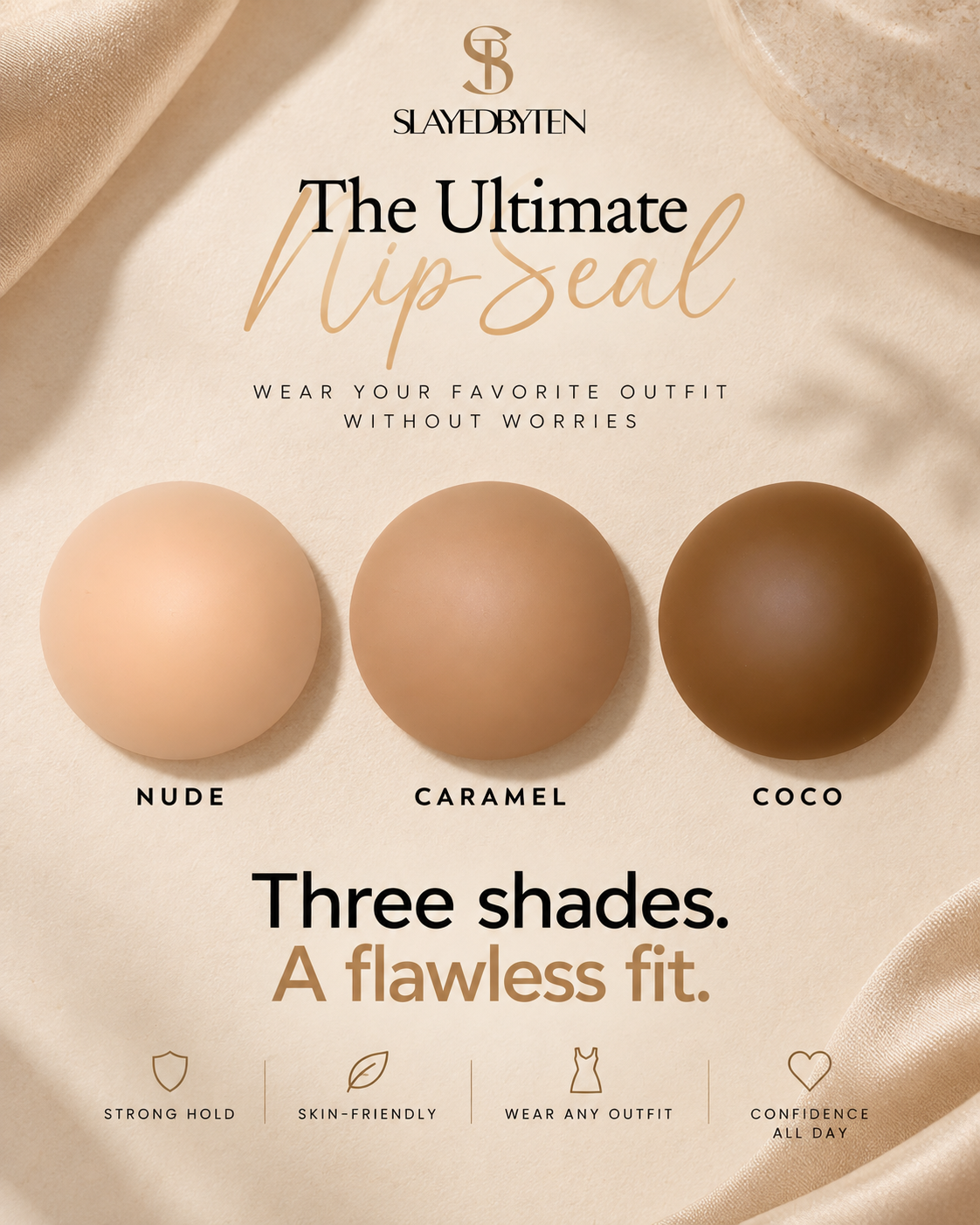Slaved by Yten The Ultimate Lip Seal in three shades: Nude, Caramel, and Coco, displayed as three smooth spheres on a beige satin background with elegant typography.