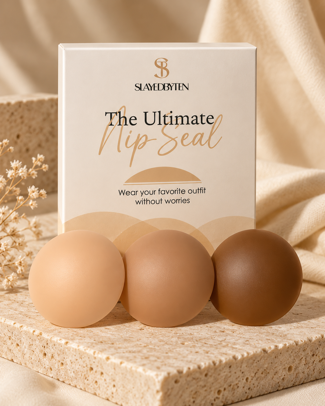 Three round silicone lip sealers in light beige, medium tan, and dark brown are lined up in front of their white and gold packaging box, which reads 'SLAEBYRTEN The Ultimate Lip Seal'. The scene is styled with a textured stone slab and draped beige fabric.